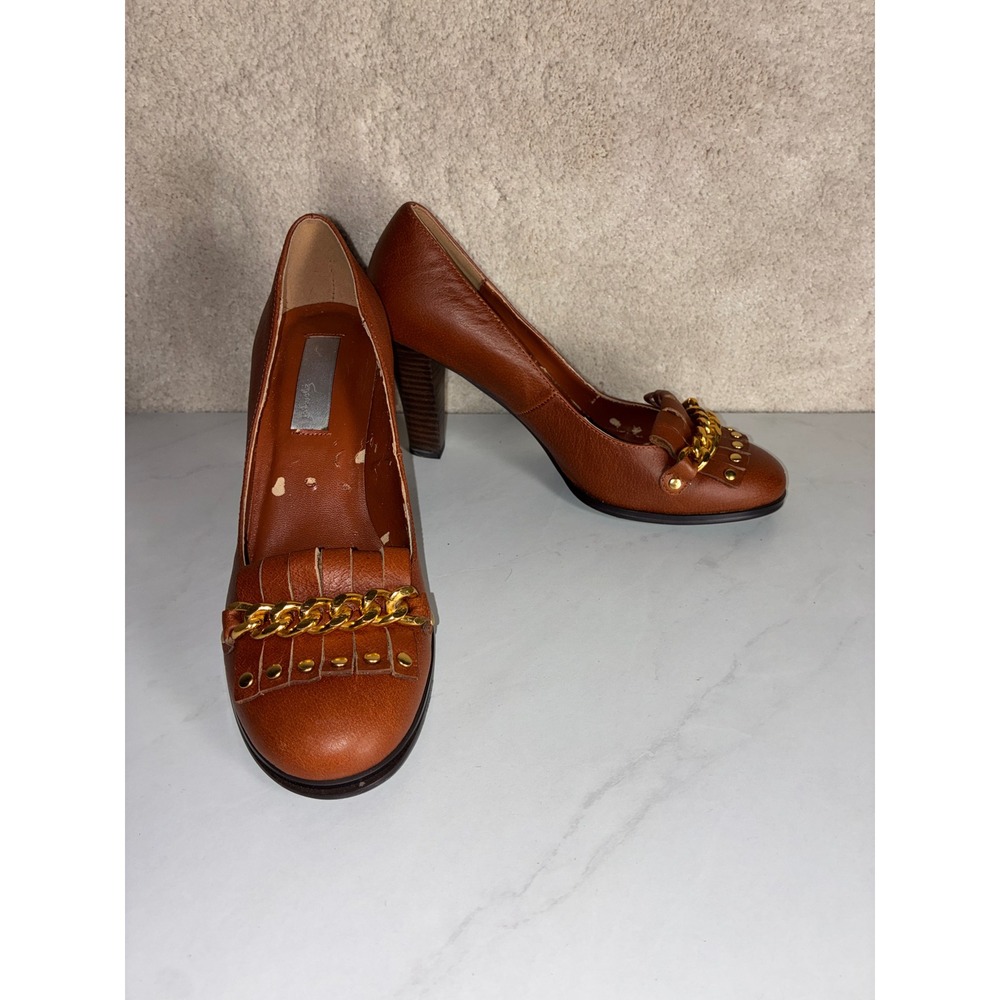 Spiegel Brown Leather Kiltie Pumps - 8B- Gold Chain Studded Stacked Heel Preppy